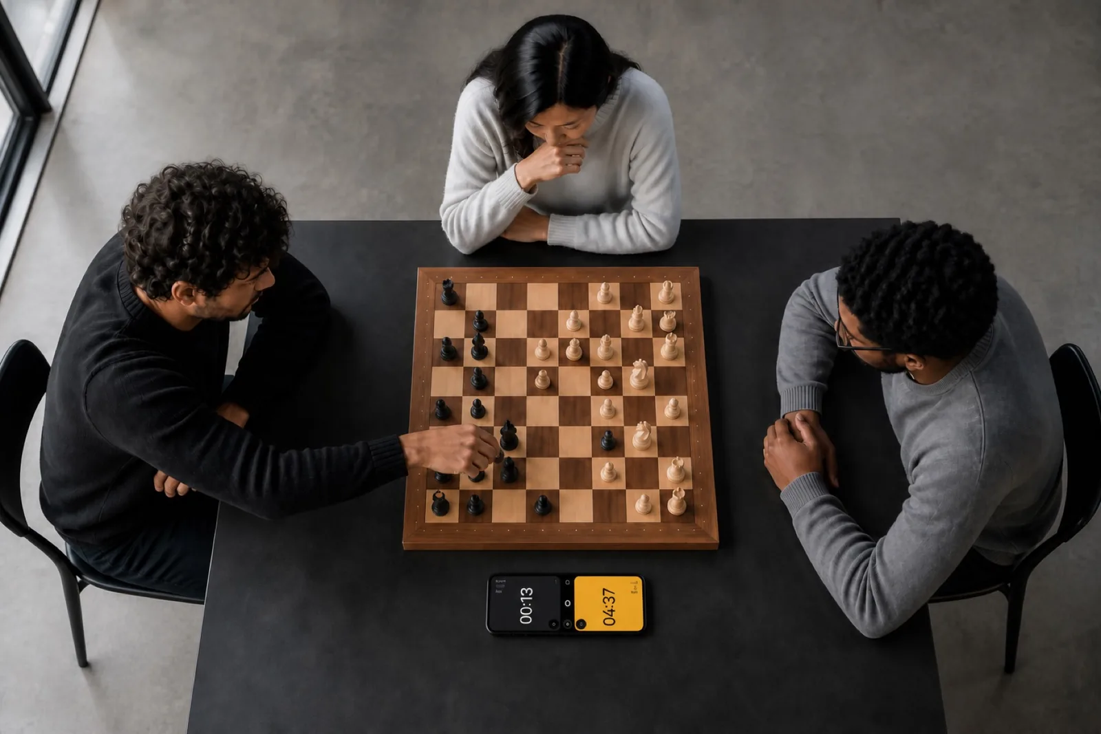 Three players around one chess board, two seated at the pieces and one watching, with a phone running the Nordau Shift clock on the table